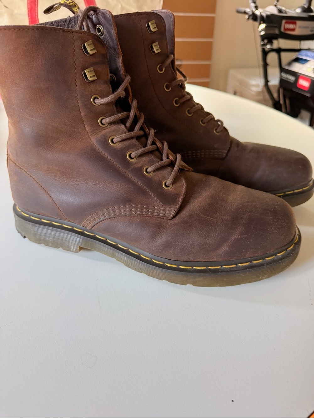Dr. Martens Brown Leather Lace-Up Combat Boots with Yellow Stitching - Picture 2 of 4
